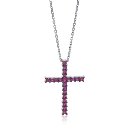 Lant cu pandantiv cruce din aur alb cu rubine de 0.42ct