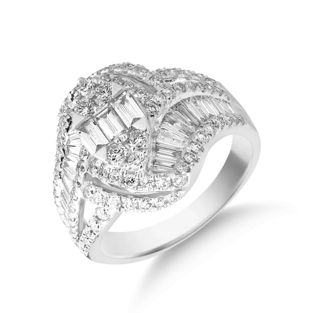 Inel geometric din aur alb cu diamante baguette si rotunde de 1.79ct