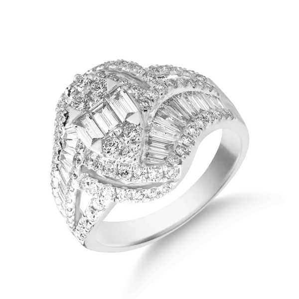 Inel geometric din aur alb cu diamante baguette si rotunde de 1.79ct
