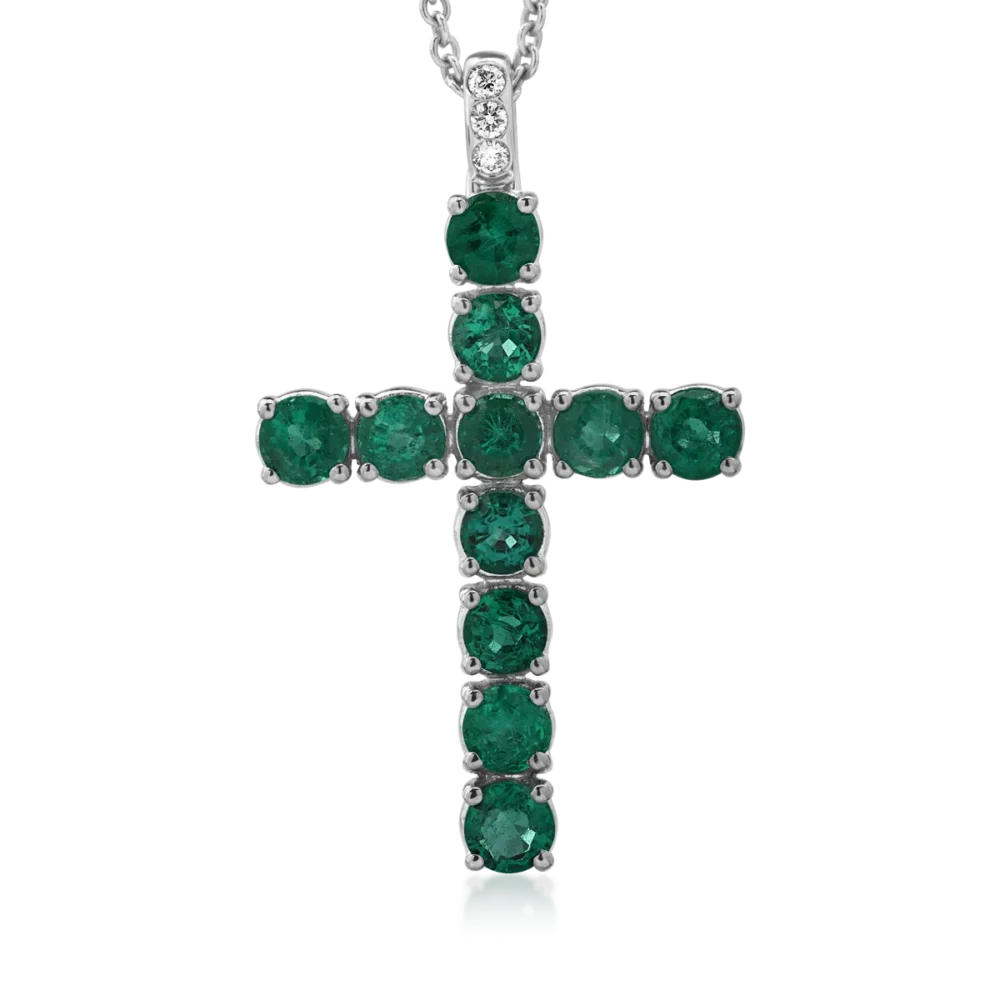 Lant cu pandantiv din aur alb cu smaralde de 2.7ct si diamante de 0.05ct