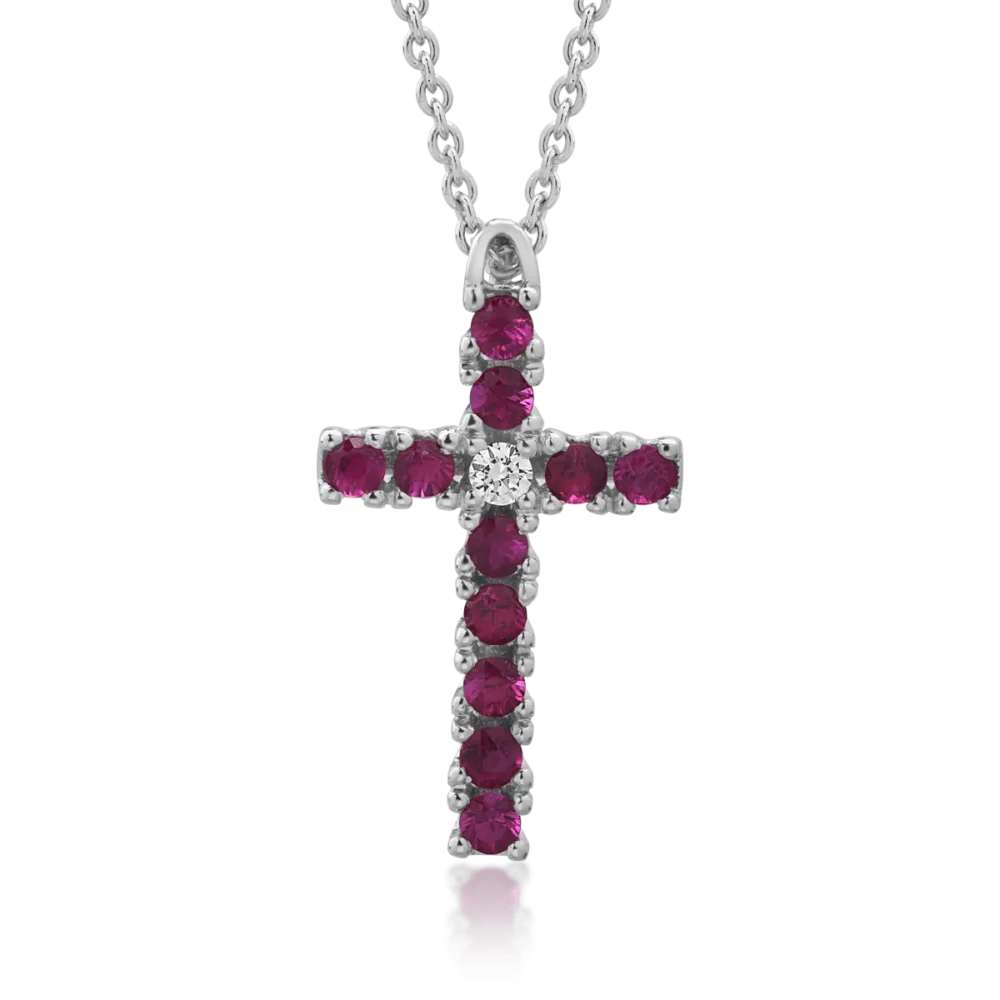 Lant cu pandantiv din aur alb cu rubine de 0.4ct si diamant de 0.03ct