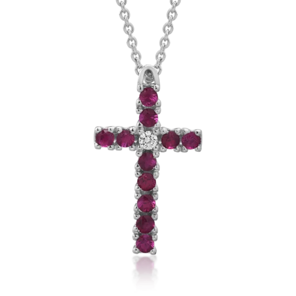 Lant cu pandantiv din aur alb cu rubine de 0.4ct si diamant de 0.03ct