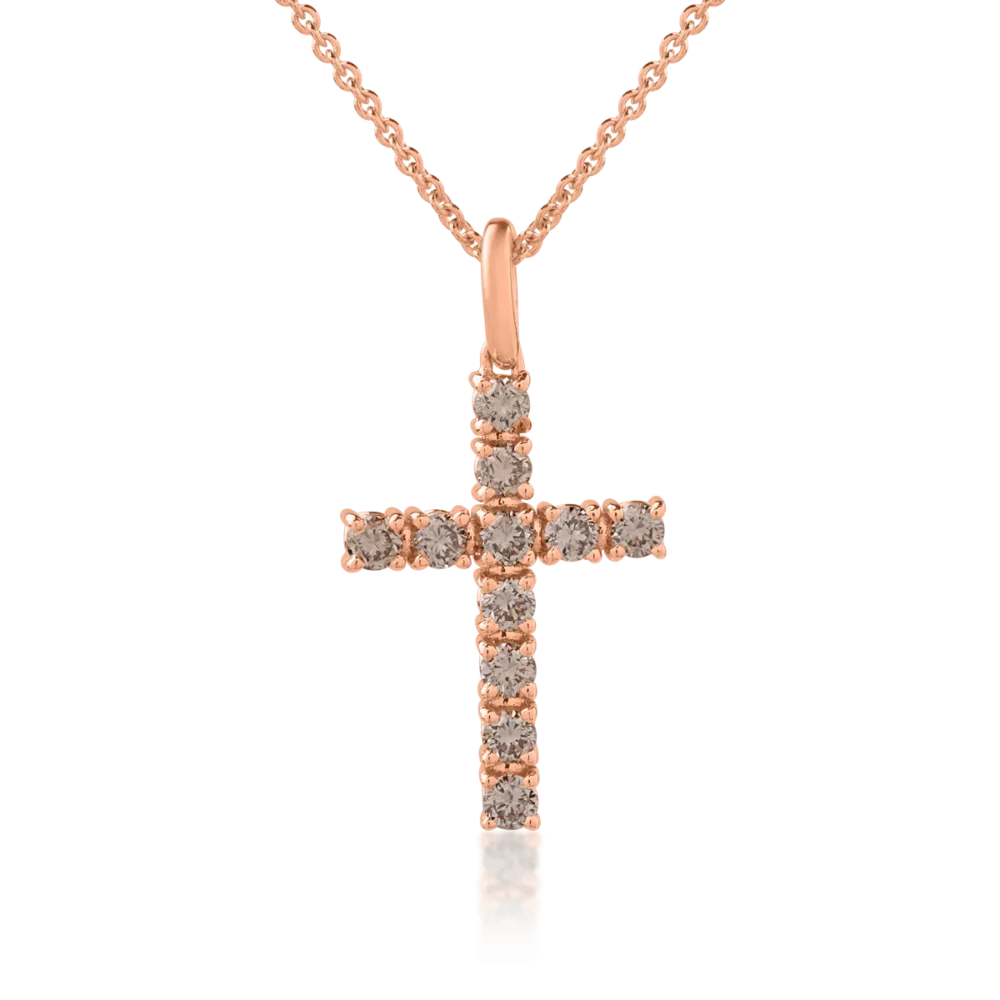 Lant cu pandantiv cruce din aur roz cu diamante maro de 0.5ct