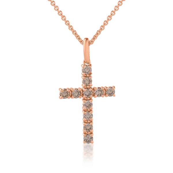 Lant cu pandantiv cruce din aur roz cu diamante maro de 0.5ct