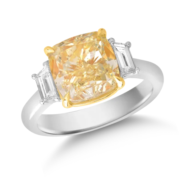 Inel de logodna din aur alb-galben cu diamant fancy galben cushion de 5.03ct si diamante de 0.43ct