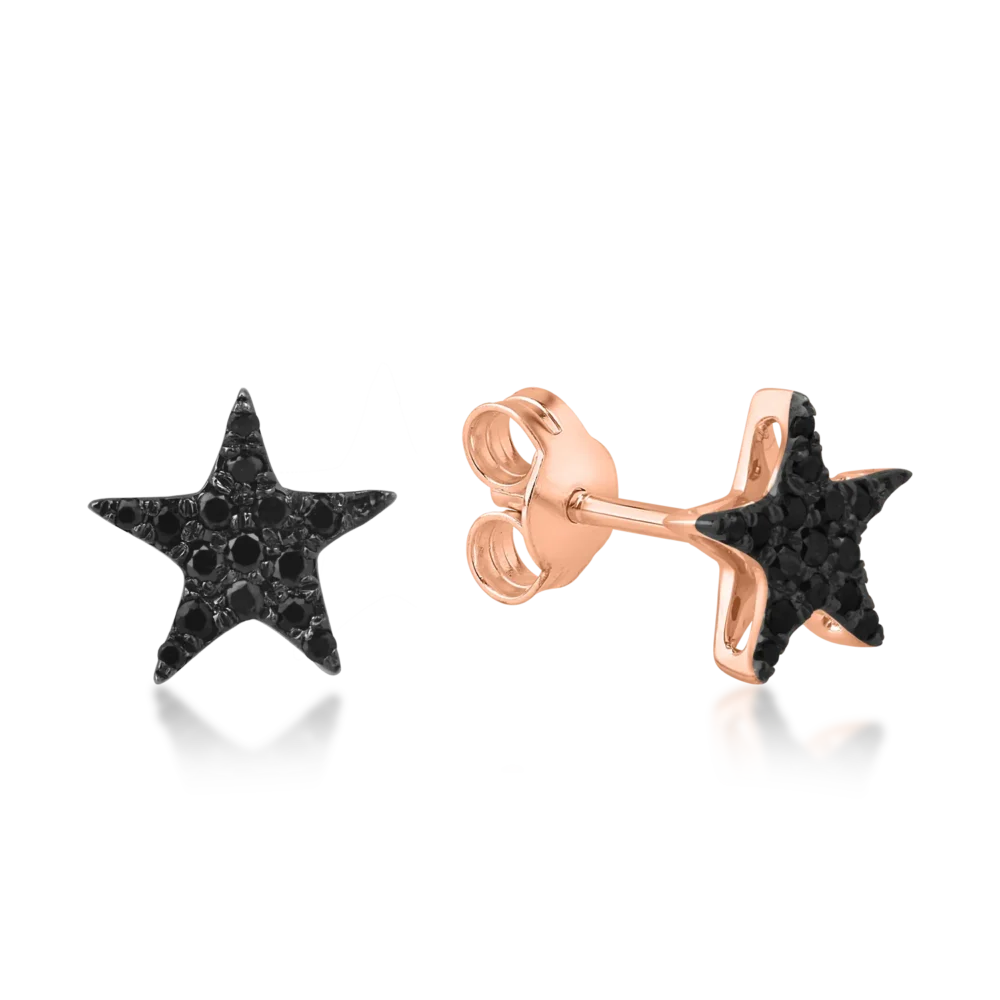 Cercei stea din aur roz cu diamante negre de 0.16ct