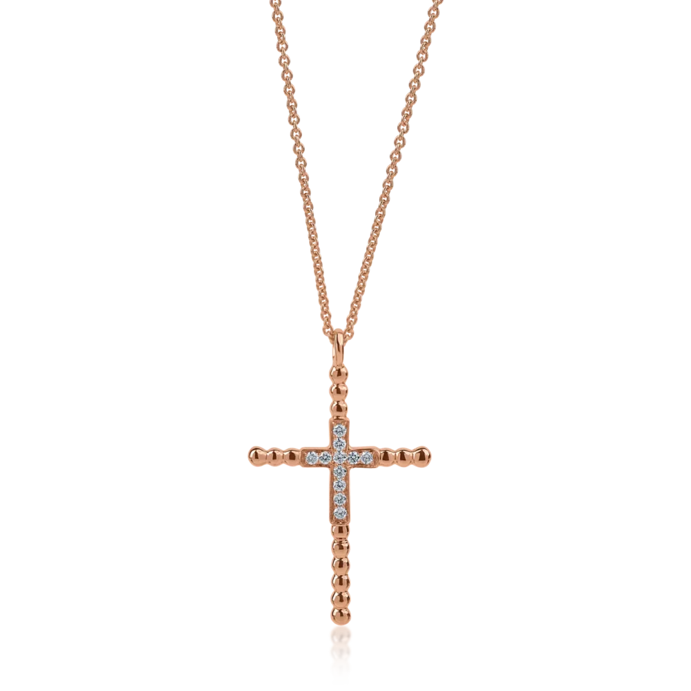 Lant cu pandantiv cruce din aur roz cu diamante de 0.1ct