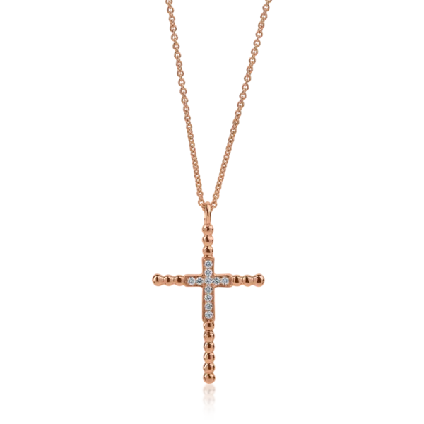 Lant cu pandantiv cruce din aur roz cu diamante de 0.1ct