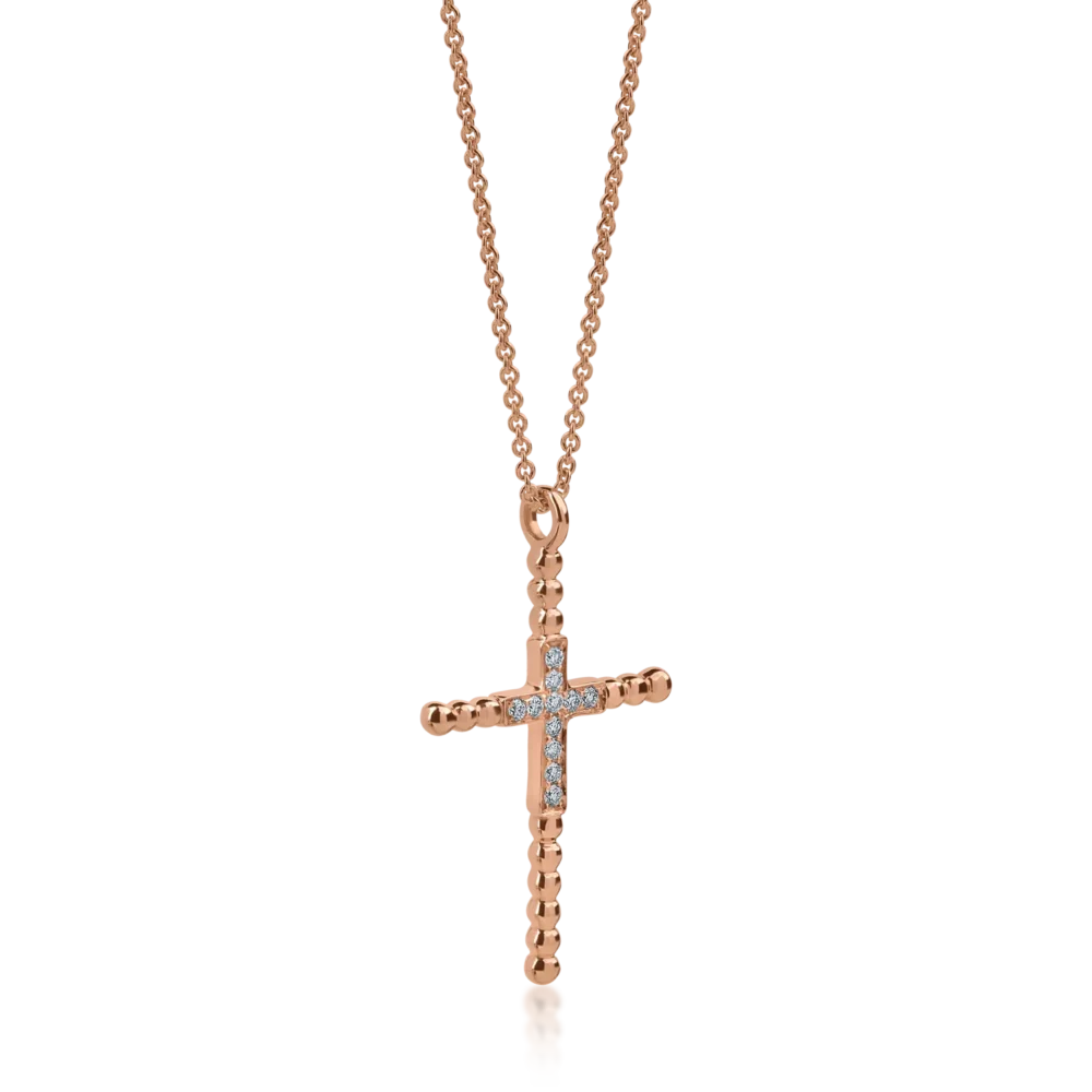 Lant cu pandantiv cruce din aur roz cu diamante de 0.1ct - imagine 2