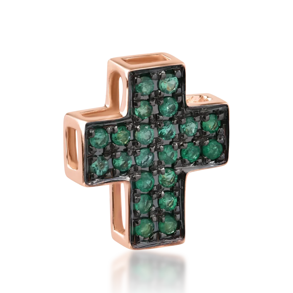 Pandantiv cruce din aur roz cu smaralde de 0.15ct - imagine 2