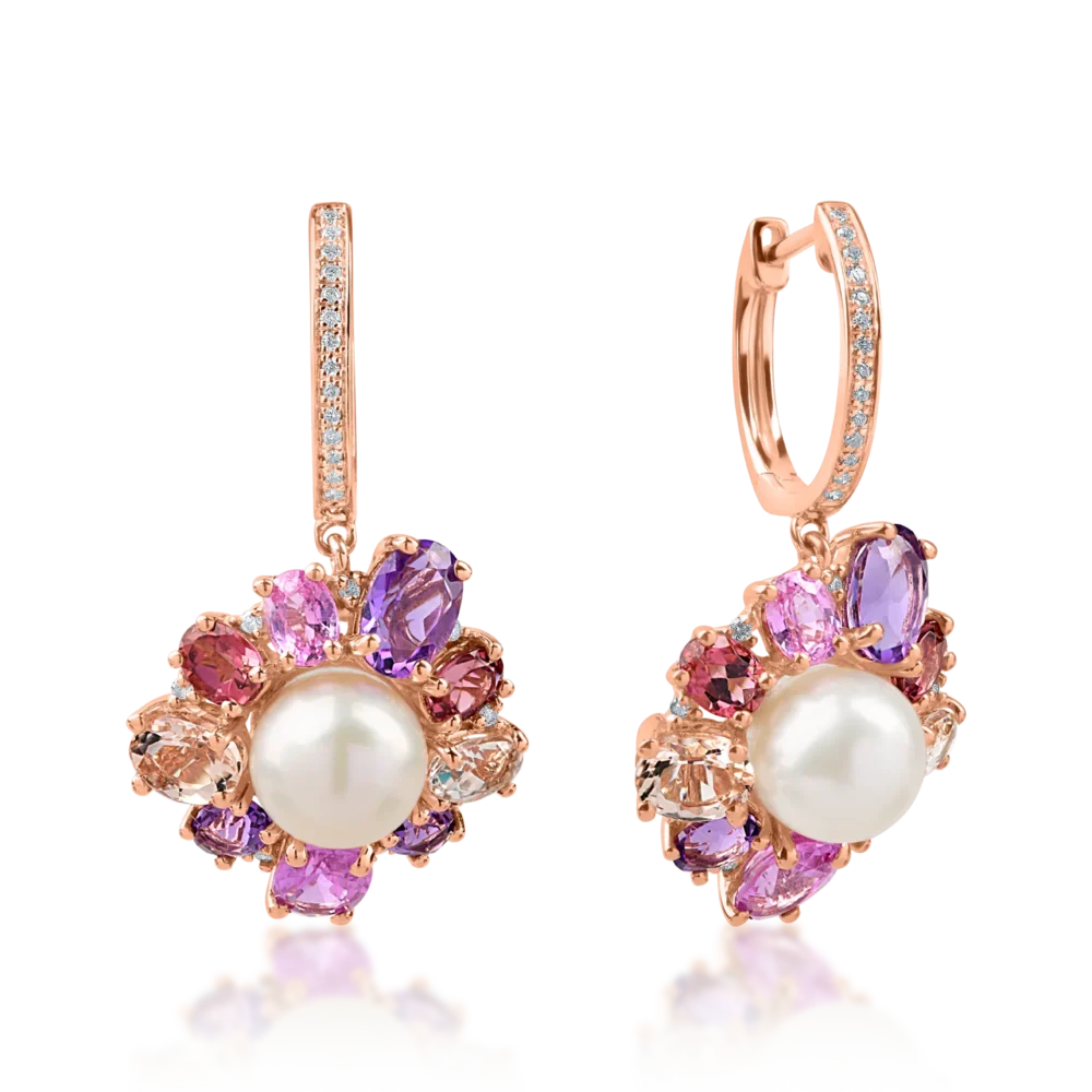 Cercei floare din aur roz cu pietre pretioase si semipretioase de 11.9ct