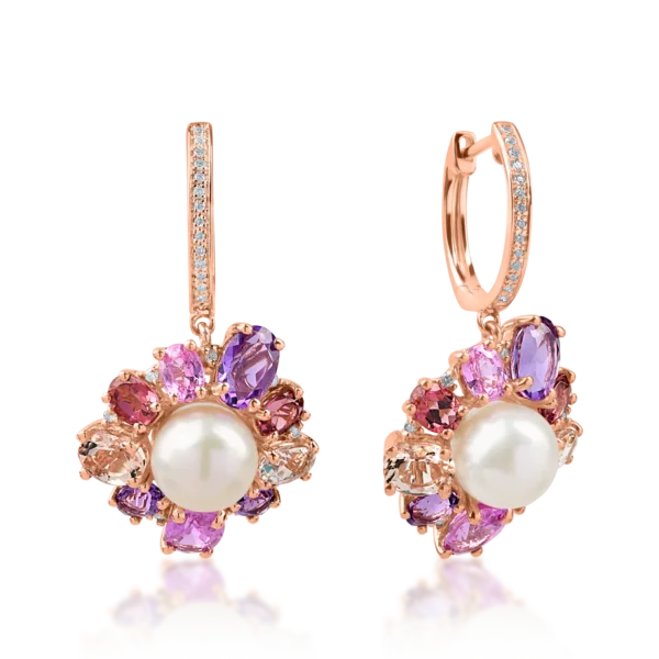 Cercei floare din aur roz cu pietre pretioase si semipretioase de 11.9ct