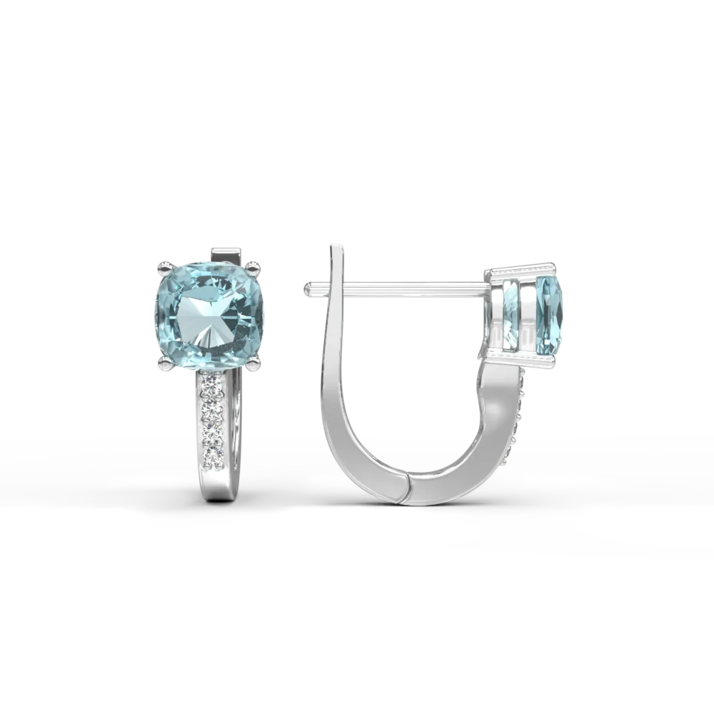 Cercei on ear din aur alb cu topaze swiss blue square de 1.3ct si diamante de 0.02