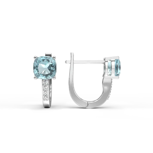 Cercei on ear din aur alb cu topaze swiss blue square de 1.3ct si diamante de 0.02