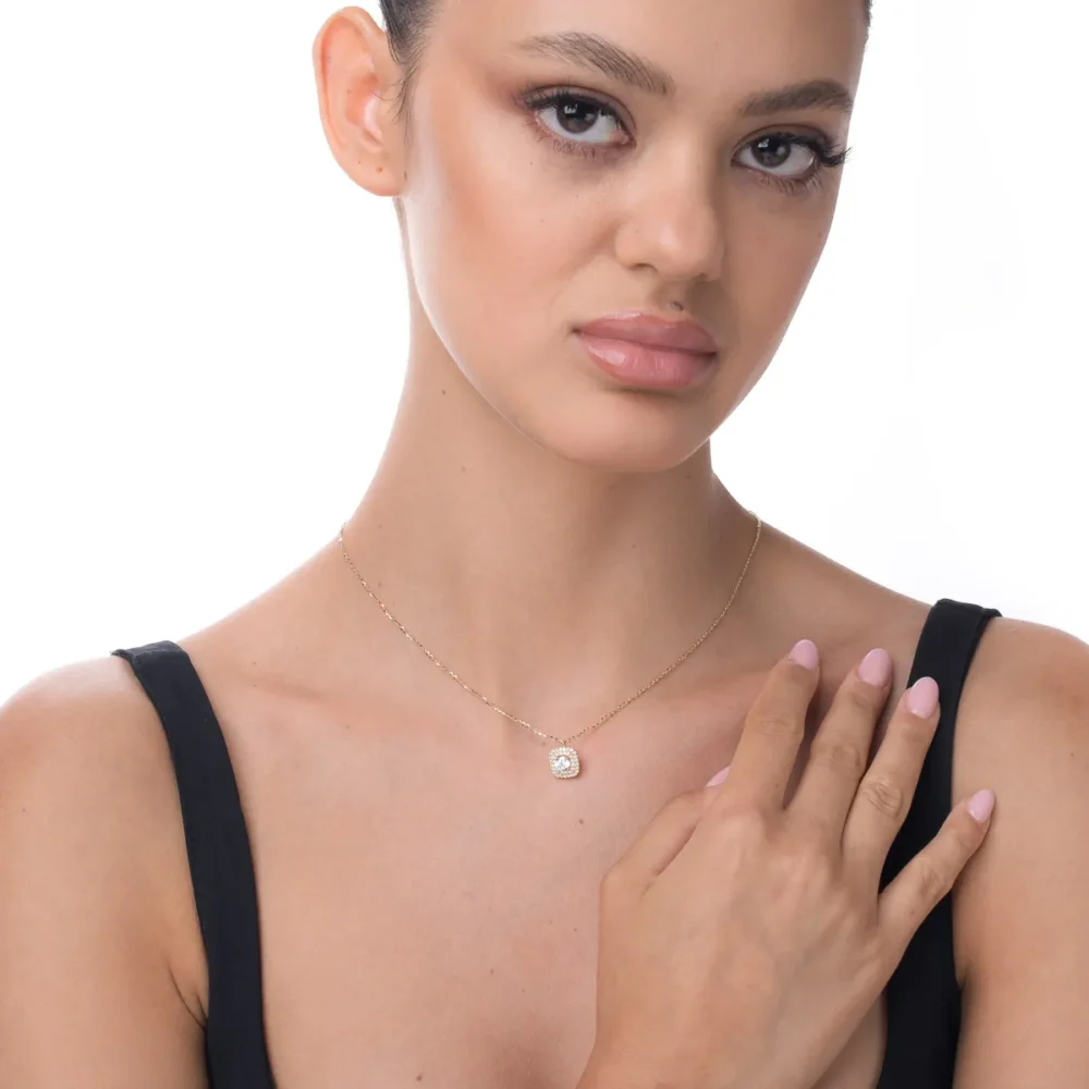 Lant cu pandantiv geometric din aur galben cu zirconii - imagine 3