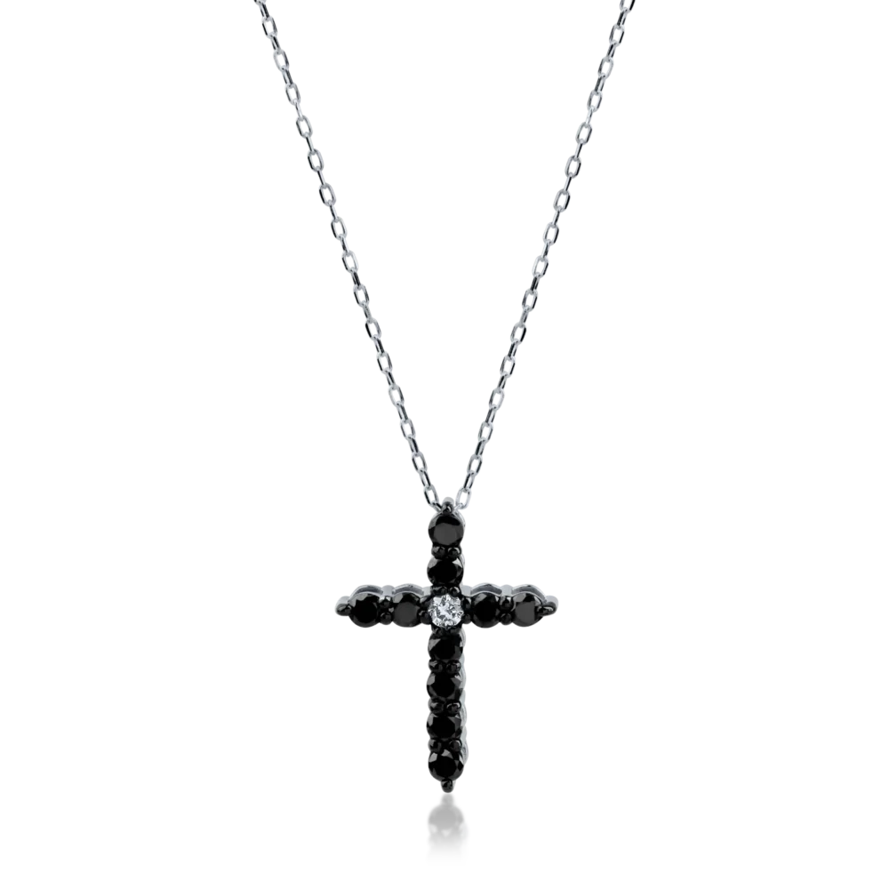 Lant din aur alb cu pandantiv cruce cu diamante negre si incolore de 0.3ct