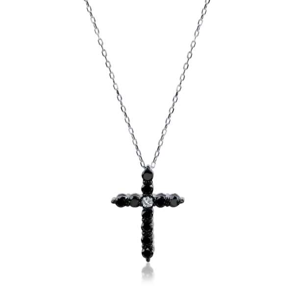 Lant din aur alb cu pandantiv cruce cu diamante negre si incolore de 0.3ct