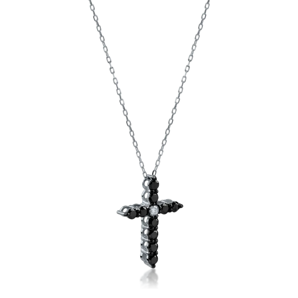 Lant din aur alb cu pandantiv cruce cu diamante negre si incolore de 0.3ct - imagine 2