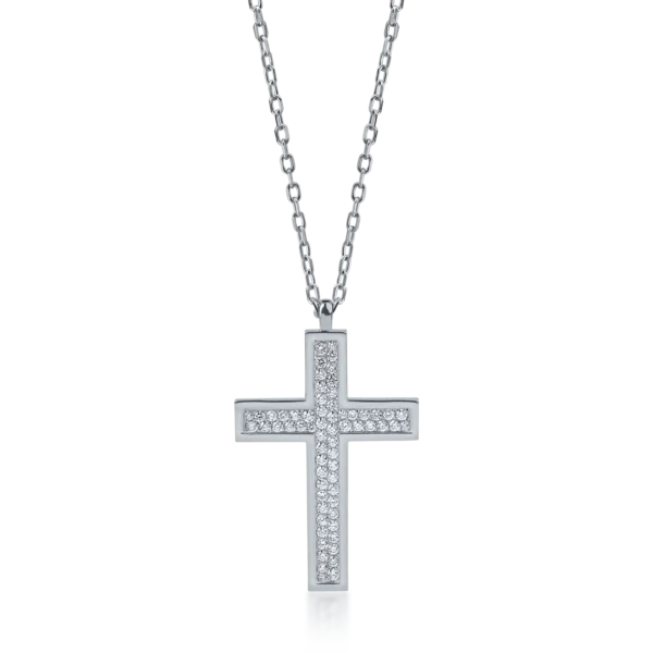 Lant cu pandantiv cruce din aur alb cu diamante de 0.65ct