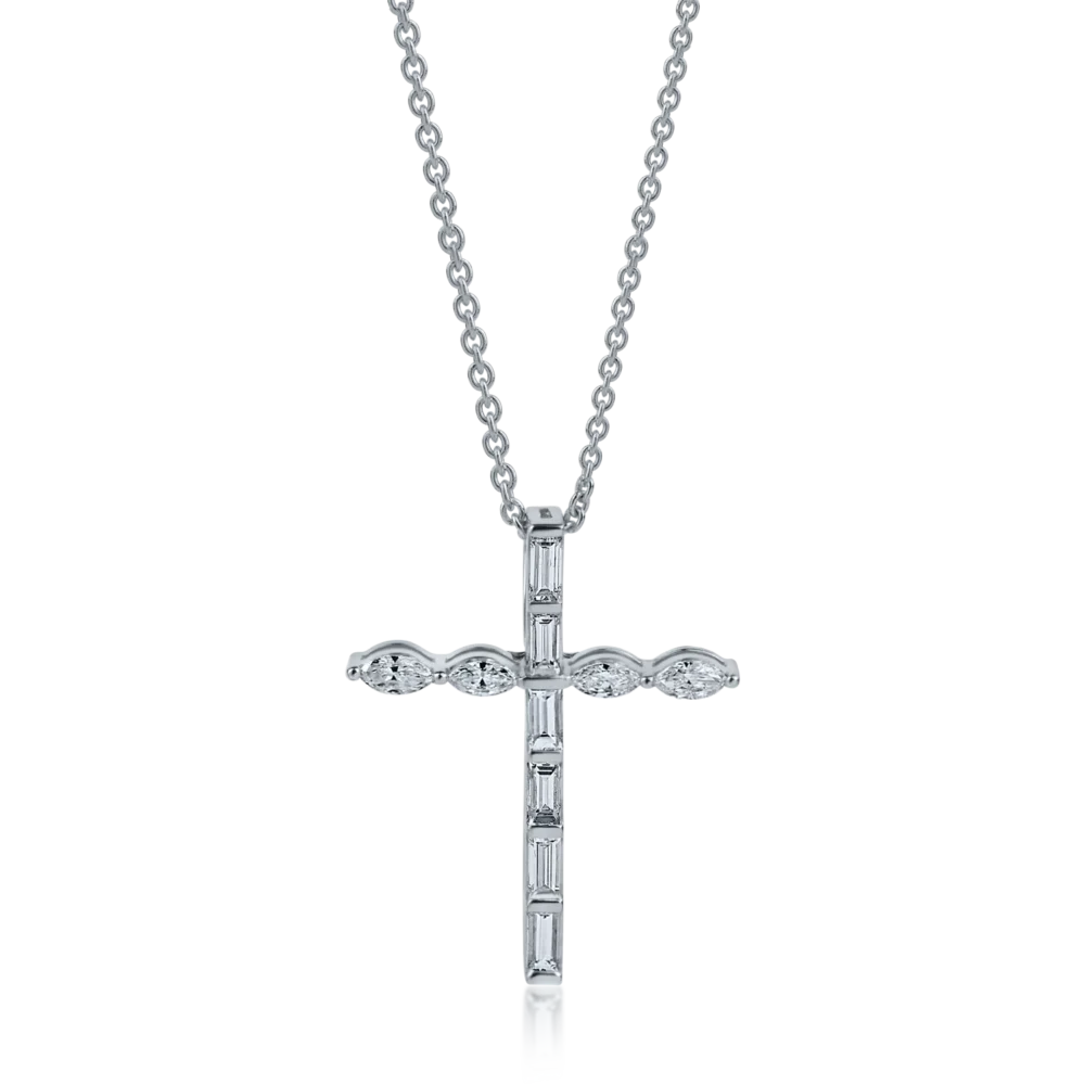 Lant cu pandantiv cruce din aur alb cu diamante marquise si rotunde de 0.46ct