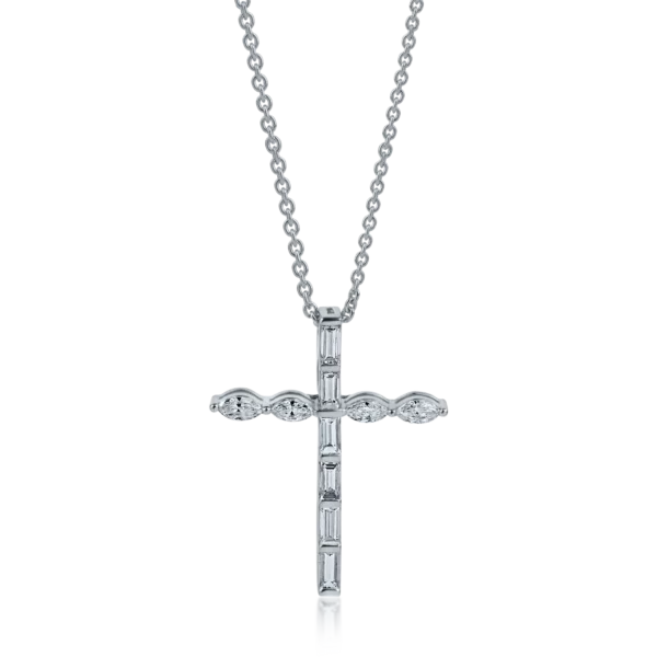 Lant cu pandantiv cruce din aur alb cu diamante marquise si rotunde de 0.46ct
