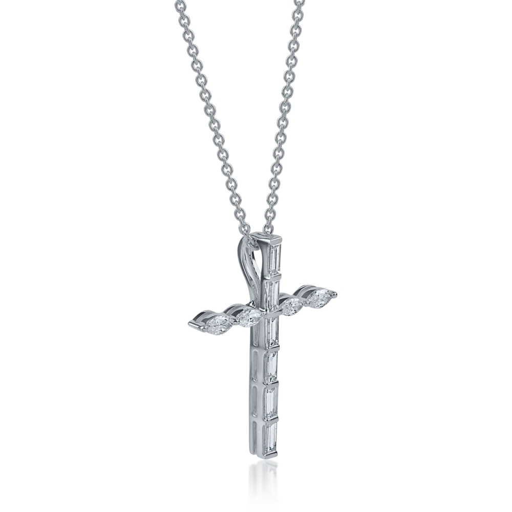 Lant cu pandantiv cruce din aur alb cu diamante marquise si rotunde de 0.46ct - imagine 2