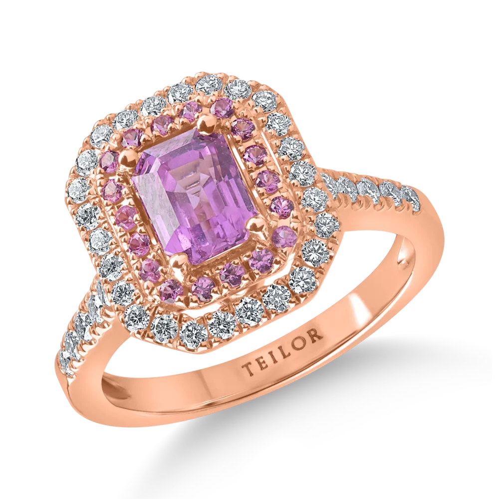 Inel din aur roz cu safire roz octogonale si rotunde de 1.56ct si diamante de 0.44ct