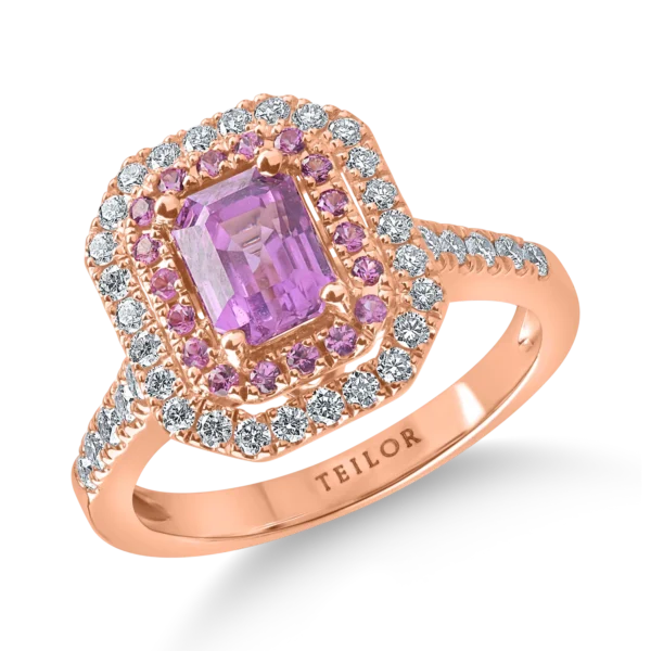 Inel din aur roz cu safire roz octogonale si rotunde de 1.56ct si diamante de 0.44ct