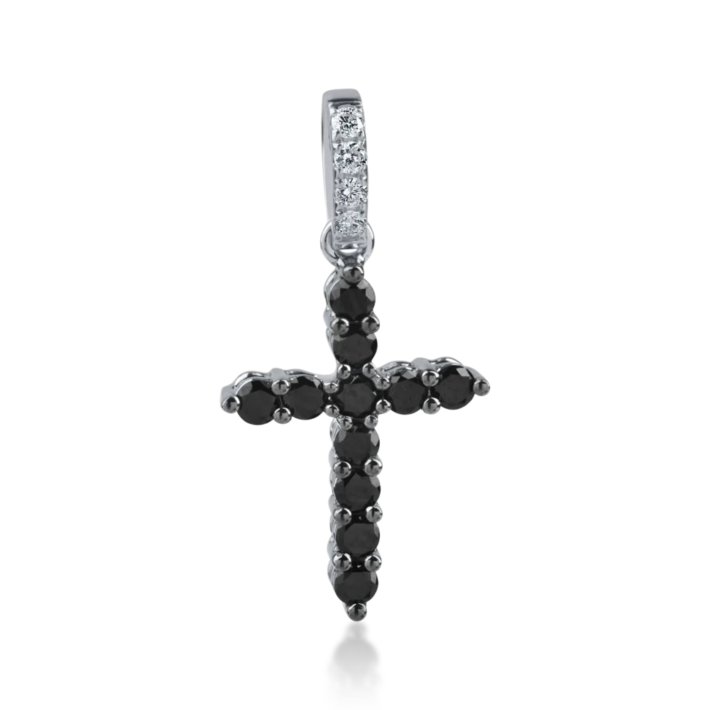 Pandant cruce din aur alb negru cu diamante negre de 0.3ct si diamante incolore de 0.05ct