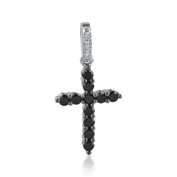 Pandant cruce din aur alb negru cu diamante negre de 0.3ct si diamante incolore de 0.05ct