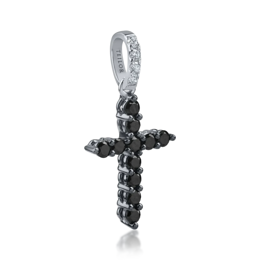 Pandant cruce din aur alb negru cu diamante negre de 0.3ct si diamante incolore de 0.05ct - imagine 2