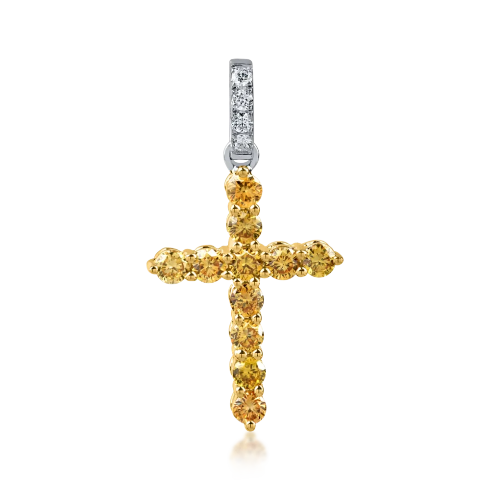 Pandantiv cruce din aur galben cu diamante galbene de 0.5ct si diamante incolore de 0.04ct