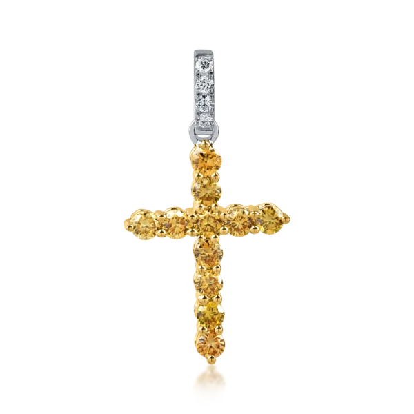 Pandantiv cruce din aur galben cu diamante galbene de 0.5ct si diamante incolore de 0.04ct
