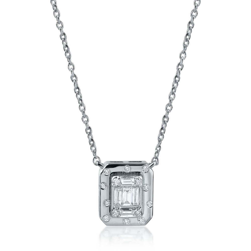 Lant cu pandantiv geometric din aur alb cu diamante baguette si rotunde de 0.1ct