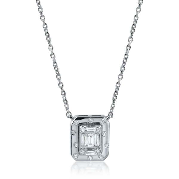 Lant cu pandantiv geometric din aur alb cu diamante baguette si rotunde de 0.1ct