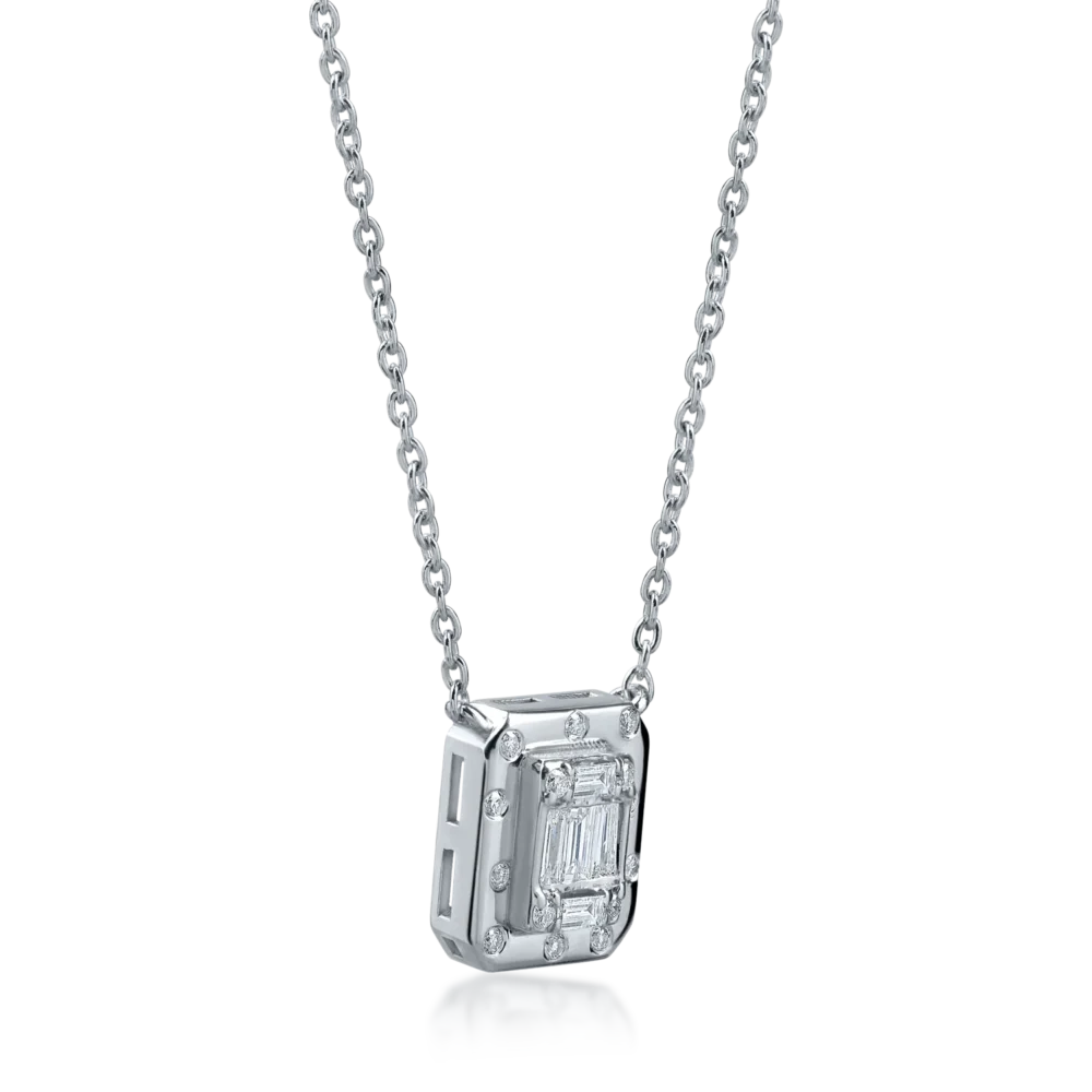 Lant cu pandantiv geometric din aur alb cu diamante baguette si rotunde de 0.1ct - imagine 2