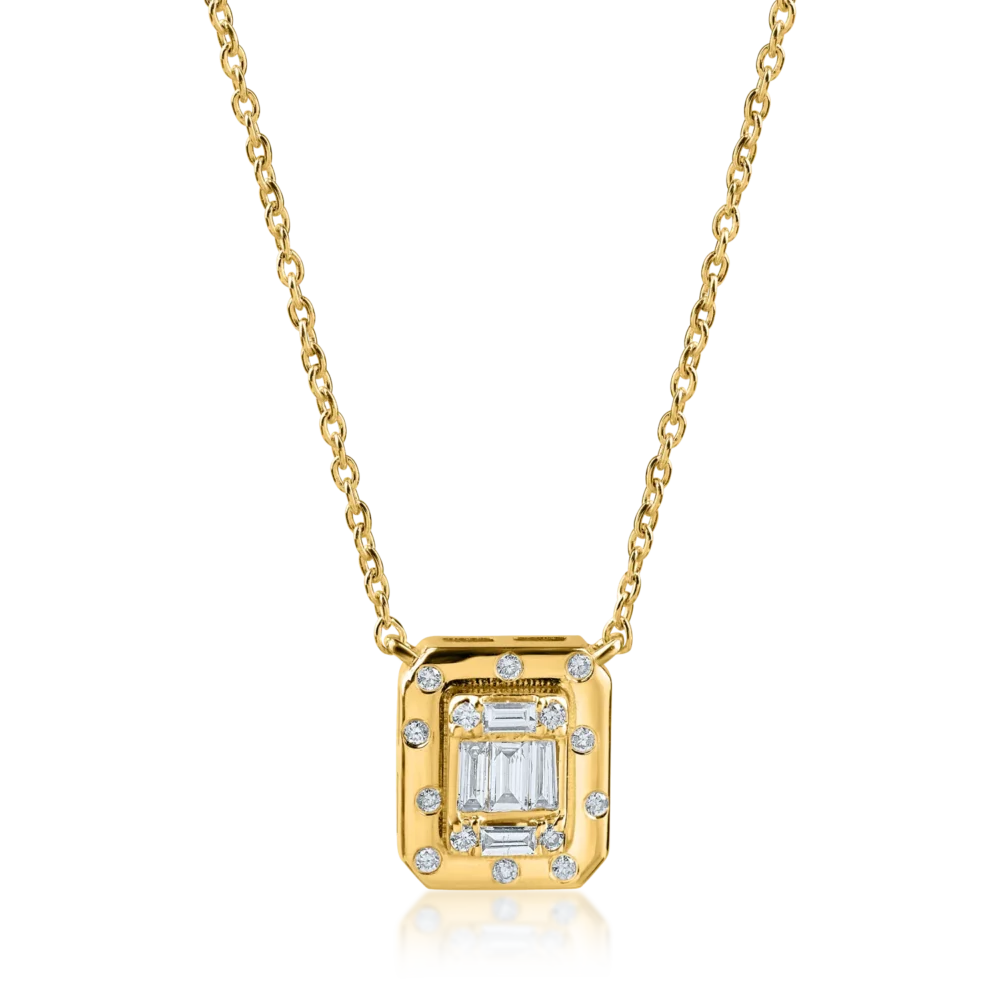 Lant cu pandantiv geometric din aur galben cu diamante baguette si rotunde de 0.1ct