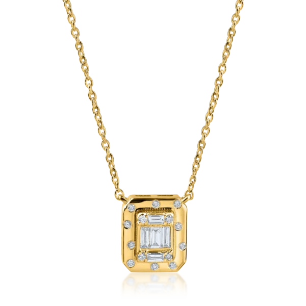 Lant cu pandantiv geometric din aur galben cu diamante baguette si rotunde de 0.1ct