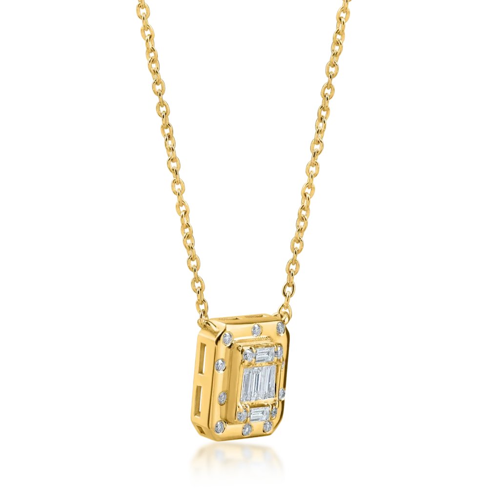 Lant cu pandantiv geometric din aur galben cu diamante baguette si rotunde de 0.1ct - imagine 2