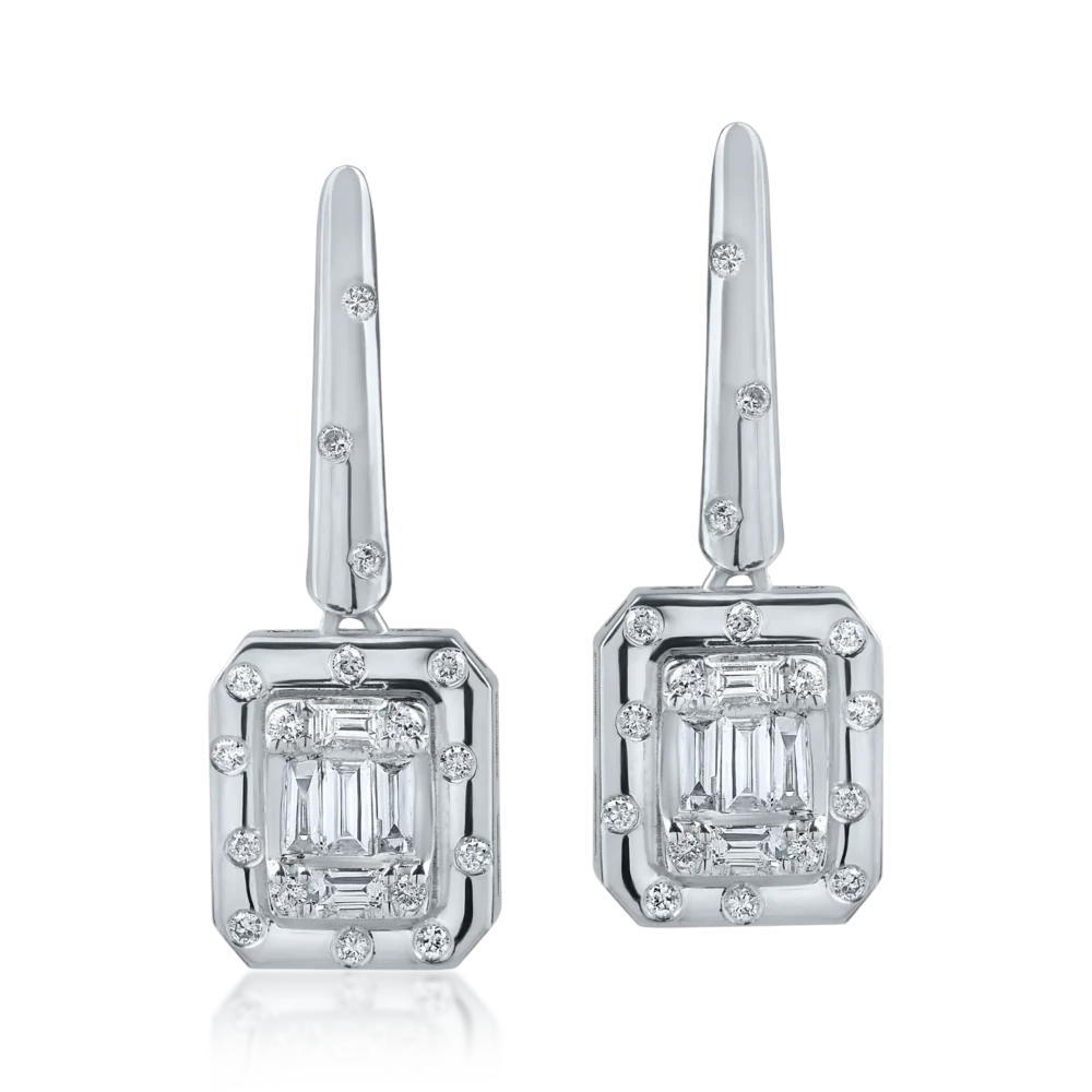 Cercei geometrici din aur alb cu diamante baguette si rotunde de 0.3ct - imagine 2