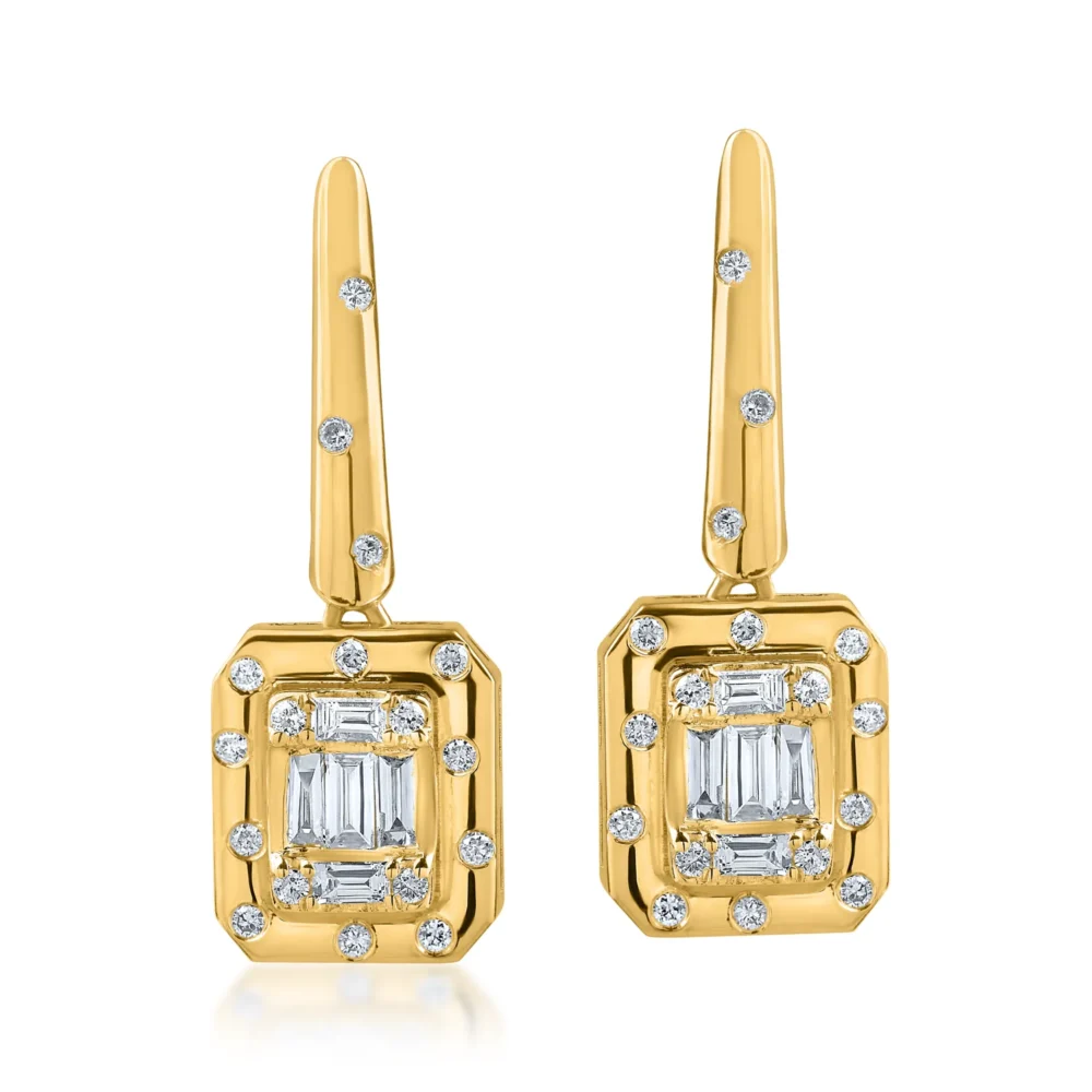 Cercei geometrici din aur galben cu diamante baguette si rotunde de 0.3ct - imagine 2