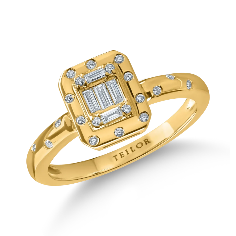Inel din aur galben cu diamante baguette si rotunde de 0.2ct
