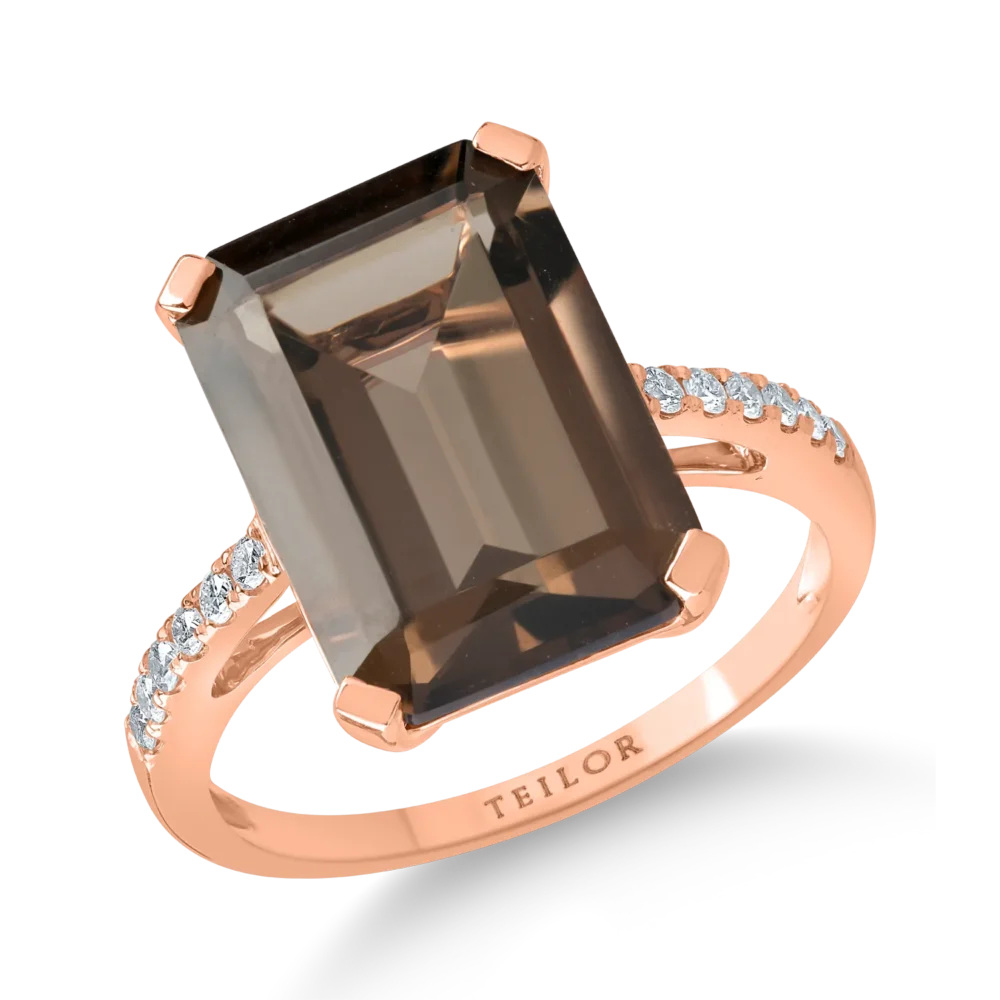 Inel din aur roz cu un cuart fumuriu octogonal de 5.6ct si diamante de 0.1ct