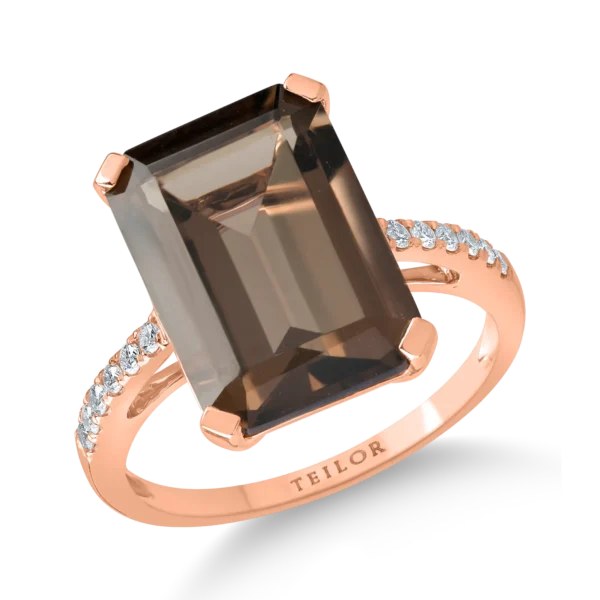 Inel din aur roz cu un cuart fumuriu octogonal de 5.6ct si diamante de 0.1ct