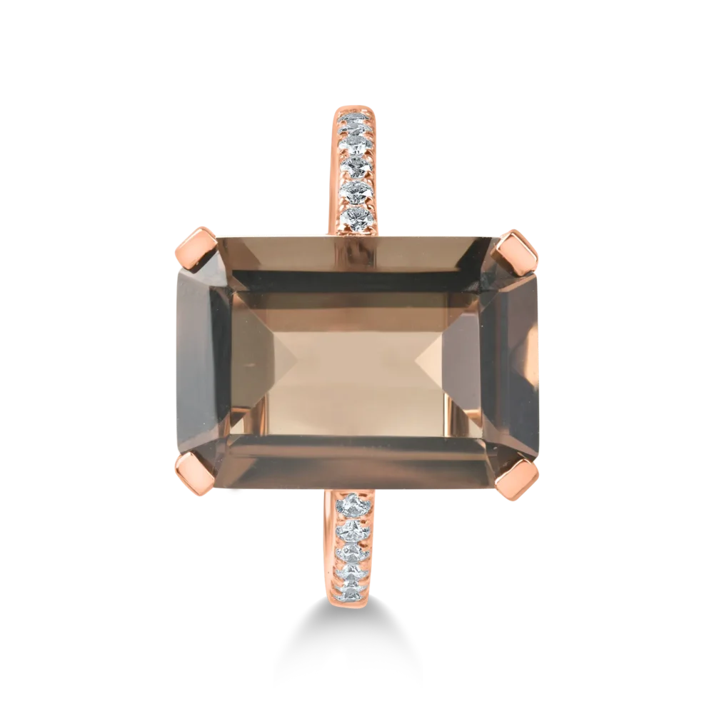 Inel din aur roz cu un cuart fumuriu octogonal de 5.6ct si diamante de 0.1ct - imagine 2