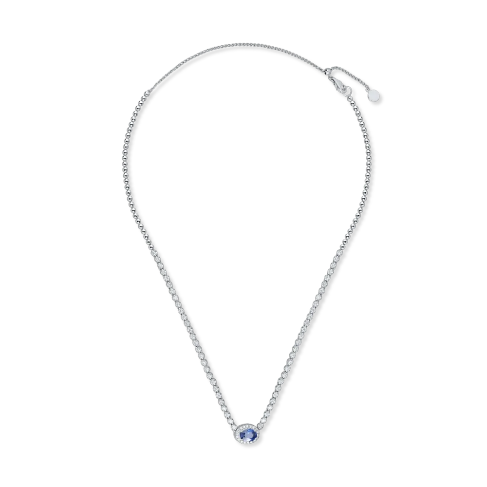 Colier tennis din aur alb cu pandantiv cu safir de 1ct si diamante de 1ct