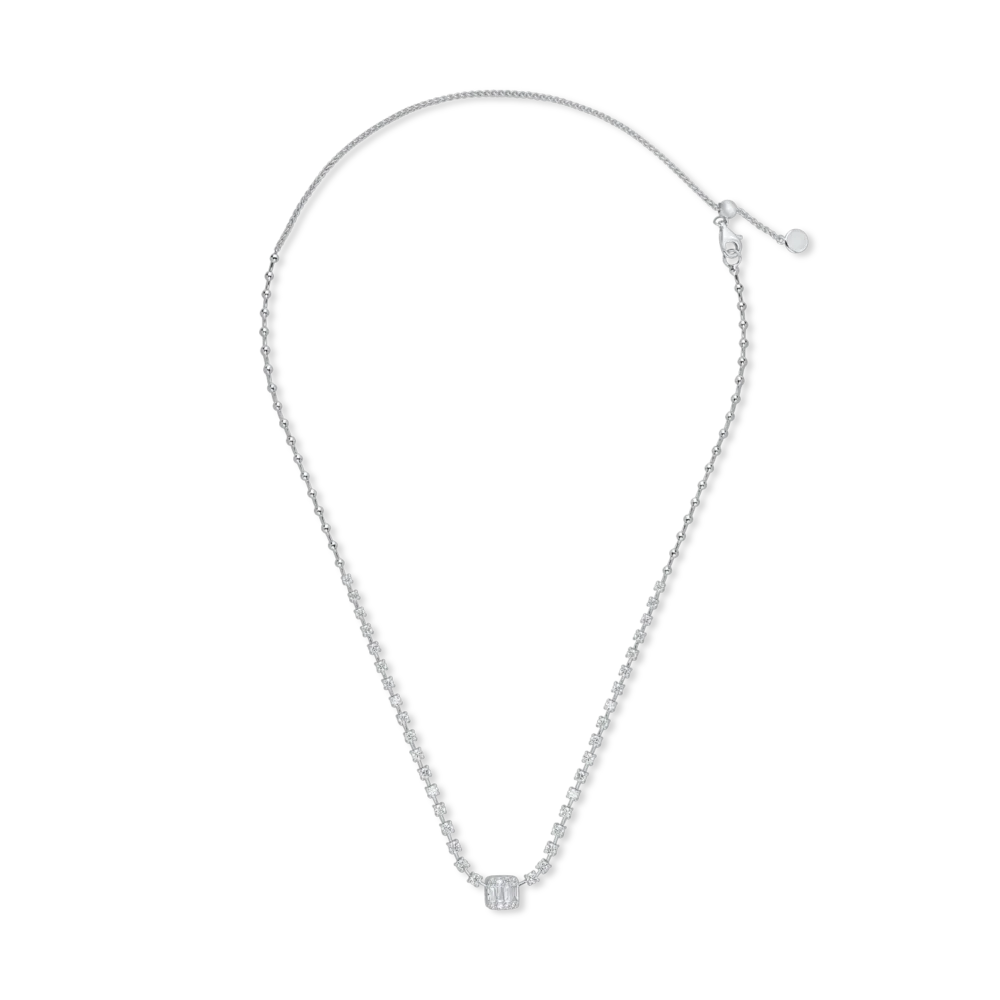 Colier tennis din aur alb cu pandantiv cu diamante baguette si rotunde de 1.6ct