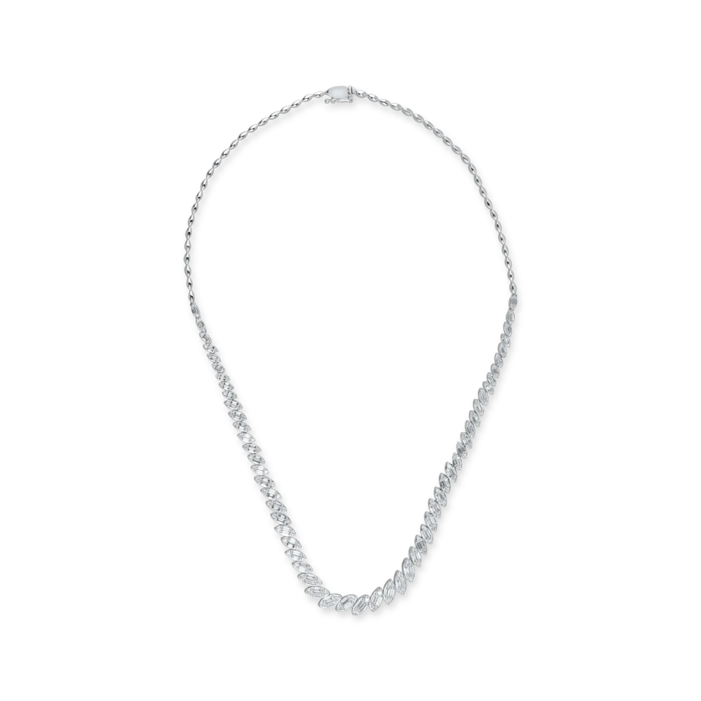 Colier tennis din aur alb cu diamante baguette si rotunde de 3.5ct