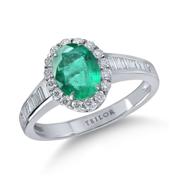 Inel din aur alb cu smarald oval de 0.9ct si diamante de 0.4ct