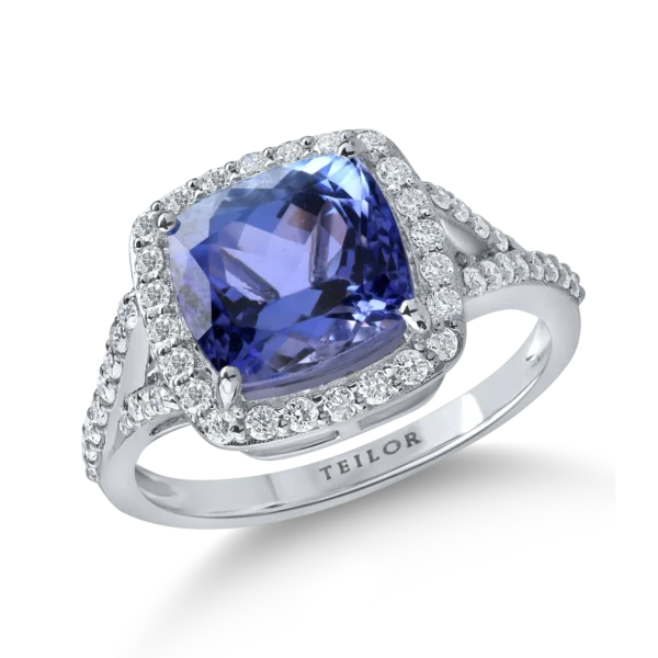 Inel patrat din aur alb cu tanzanit radiant de 3.9ct si diamante de 0.4ct